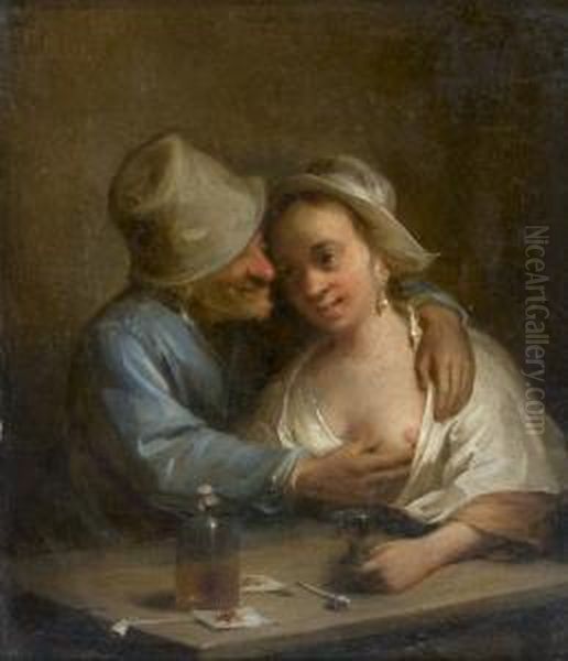 Couple De Galants Attables Oil Painting by Johann Georg Trautmann