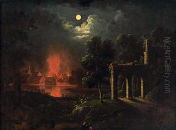 Cerchia Paesaggio Al Chiaro Di Luna E Incendio Notturno Oil Painting by Johann Georg Trautmann