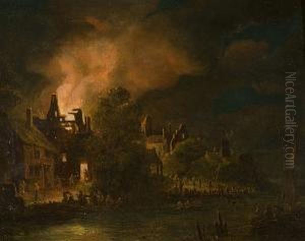 Riverside Village With Blazing Building Oil Painting by Johann Georg Trautmann