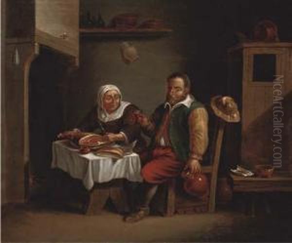 A Peasant Couple Seated At A Table Having A Meal Oil Painting by Johann Georg Trautmann