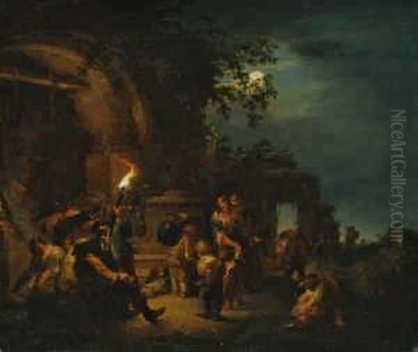 Zigeuner Beim Aufbruch. Nachtliche Vollmondbeschienene Lagerszene. Oil Painting by Johann Georg Trautmann