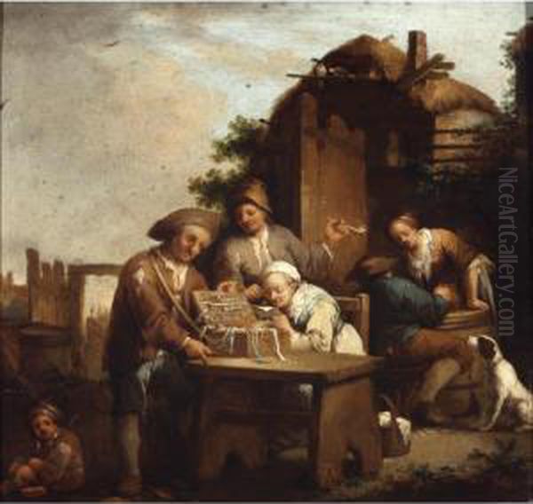 A Hawker Selling Glasses Outside A Farmhouse Oil Painting by Johann Georg Trautmann