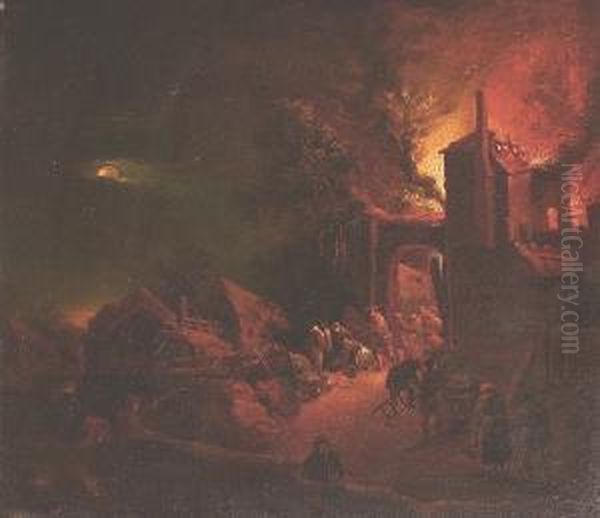 A Village At Night With Numerous Figures Fleeing From Burning House Oil Painting by Johann Georg Trautmann