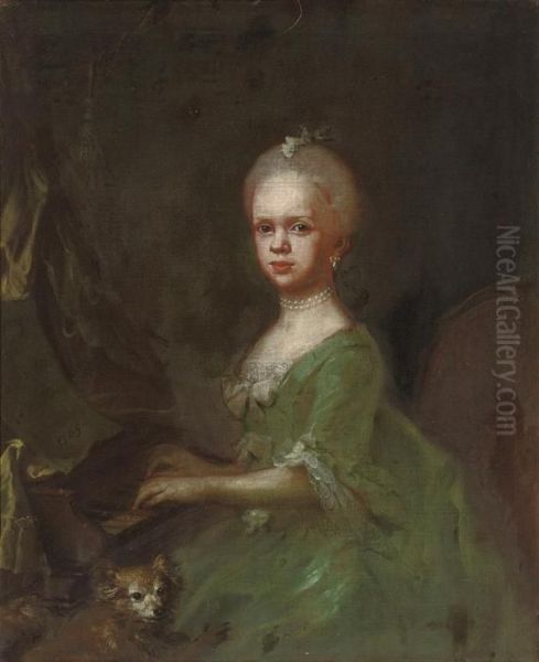 Portrait Of A Young Girl, 
Three-quarter-length, Playing The Pianoforte, In A Green Dress, With A 
Dog Oil Painting by Gaspare Traversi