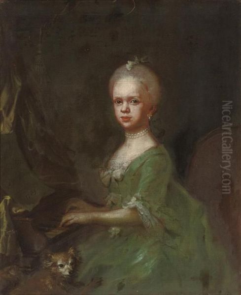 Portrait Of A Young Girl, 
Three-quarter-length, Playing Thepianoforte, In A Green Dress, With A 
Dog Oil Painting by Gaspare Traversi