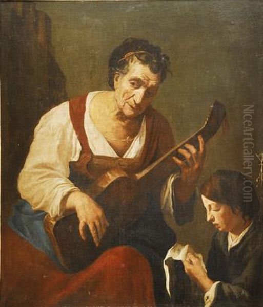 Anciana Tocando La Guitarra Junto A Un Nino Oil Painting by Gaspare Traversi