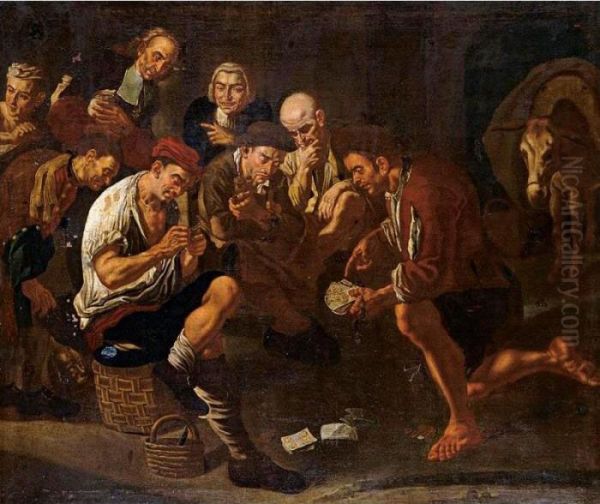 Men Gambling In An Interior Oil Painting by Gaspare Traversi