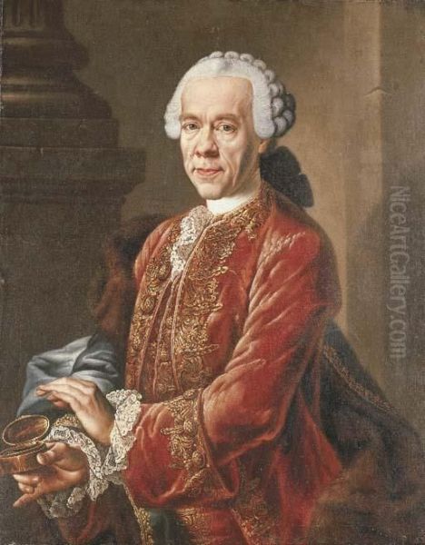 Portrait Of A Gentleman, 
Traditionally Thought To Be Count Camillo Graf Van Marcolini, 
Three-quarter-length, In A Red Jacket Holding A Gold Snuff Box Oil Painting by Gaspare Traversi