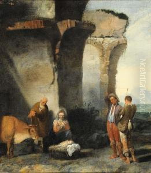 Paesaggio Con Rovine E L'adorazione Dei Pastori Oil Painting by Antonio Travi Il Sordo Di Sestri