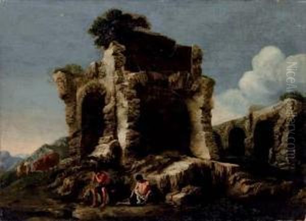 Paesaggio Con Rovina E Pastori Oil Painting by Antonio Travi Il Sordo Di Sestri