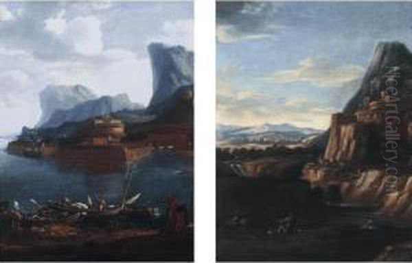 Coastal Landscapes With A 
Capriccio Of The Castel Sant'angelo, Figures In Boats In The Foreground Oil Painting by Antonio Travi Il Sordo Di Sestri