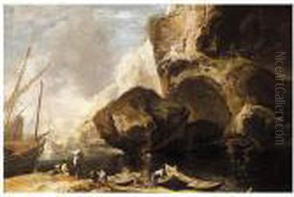 Coastal Landscape With Fishermen With Their Boats, Cliffs Beyond Oil Painting by Antonio Travi Il Sordo Di Sestri