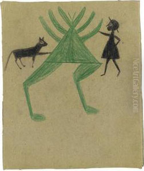 Woman With Dog On Green Plant Construction Oil Painting by Bill Traylor