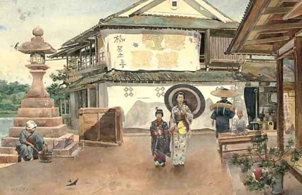 Walking home, an afternoon in a Japanese village Oil Painting by Charles Edwin Fripp