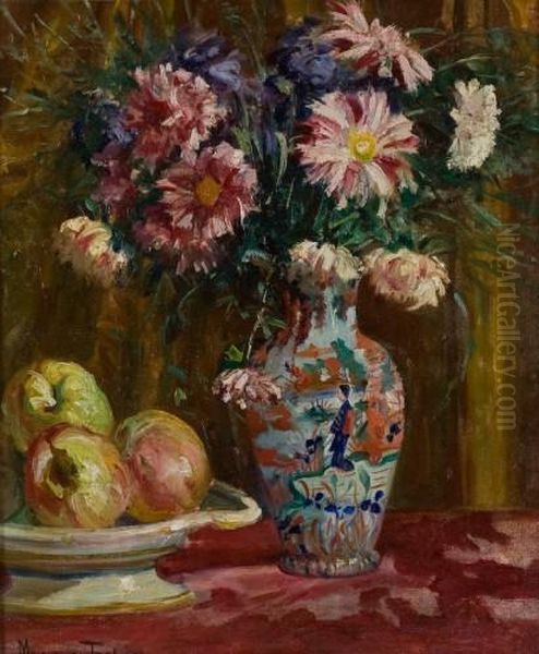 Stilleben Mit Blumen Und Apfeln Oil Painting by Maurycy Trebacz