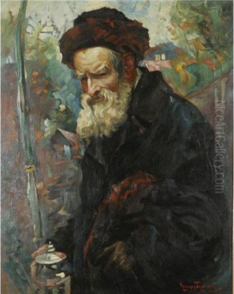 Rabbi With Lulav And Etrog Container Oil Painting by Maurycy Trebacz