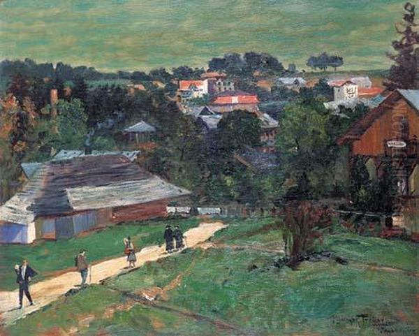 Figures On The Village Road 4 Oil Painting by Maurycy Trebacz