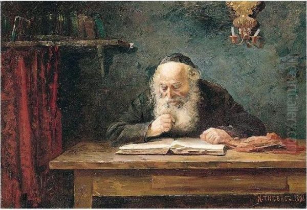 Rabbi At Study Oil Painting by Maurycy Trebacz