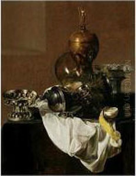 A Still Life Of Silverware, An 
Overturned Roemer, A Peeled Lemon On A Plate, A Blue-and-white Porcelain
 Bowl And An Ormolu Vase, All On A Table Draped With A White Cloth Oil Painting by Jan Jansz. Treck