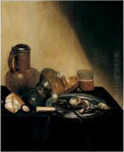 Still Life Of A Herring, An 
Onion And A Knife On A Pewter Dish, Together With An Upturned Roemer, A 
Candle Stick, A Glass, Bread And A Flagon, All Arranged Upon A Draped 
Table Oil Painting by Jan Jansz. Treck