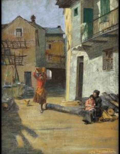 Contadine Nel Cortile Oil Painting by Severino Trematore