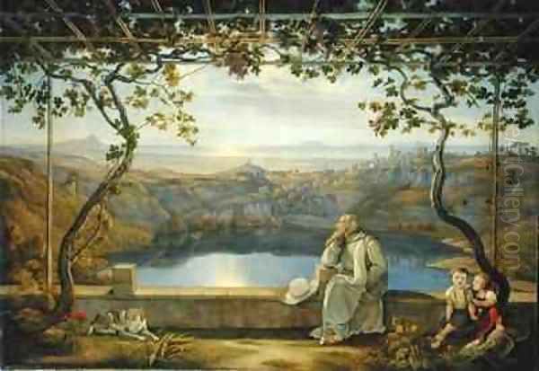 Monk sitting on a Terrace overlooking Lake Nemisee Oil Painting by Joachim Faber