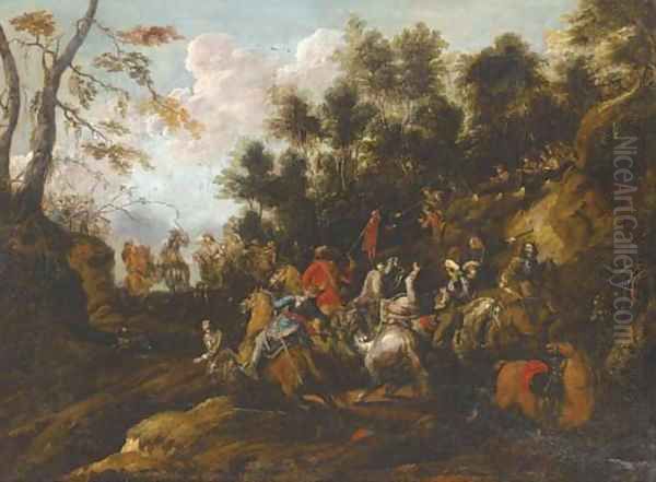 A military skirmish in a wooded pass Oil Painting by Joachim Faber