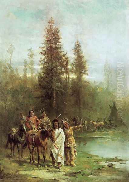 Indians by a River Bank Oil Painting by Paul Frenzeny