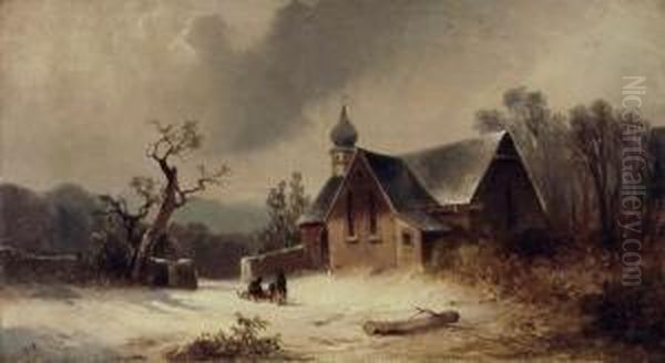 Schlittenfahrt Zur Kapelle Oil Painting by Carl Triebel