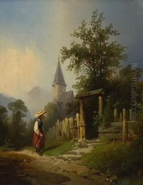 Junge Frau Vor Dem
 Gartentor. Oil Painting by Carl Triebel