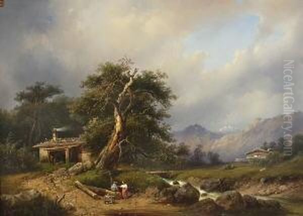 Muhle Am Bach In
 Gebirgslandschaft. Oil Painting by Carl Triebel