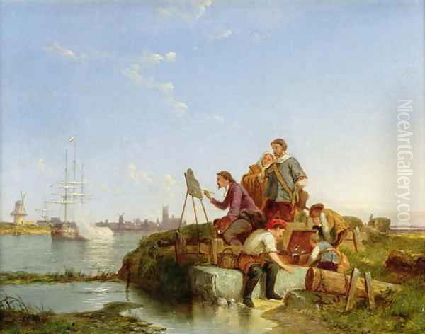 Artist at his Easel and Shipping beyond 1894 Oil Painting by Edouard Ferrer-Comas