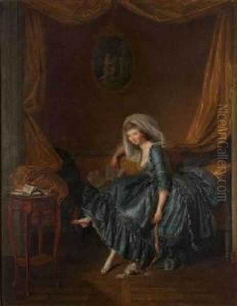 Jeune Femme Tenant Sa Correspondance Dans Son Boudoir Oil Painting by Louis Rolland Trinquesse