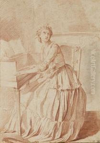 A Young Woman Seated At A Harpsichord Oil Painting by Louis Rolland Trinquesse