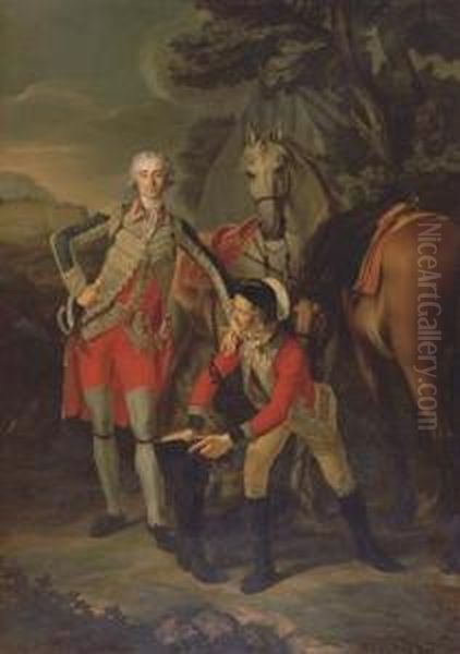 Portrait Of Charles Grant, 
Vicomte De Vaux, In Uniform As A Lieutenant Colonel Of The Garde Du Roi,
 Attended By His Groom With Their Horses, A Fortress Beyond Oil Painting by Louis Rolland Trinquesse