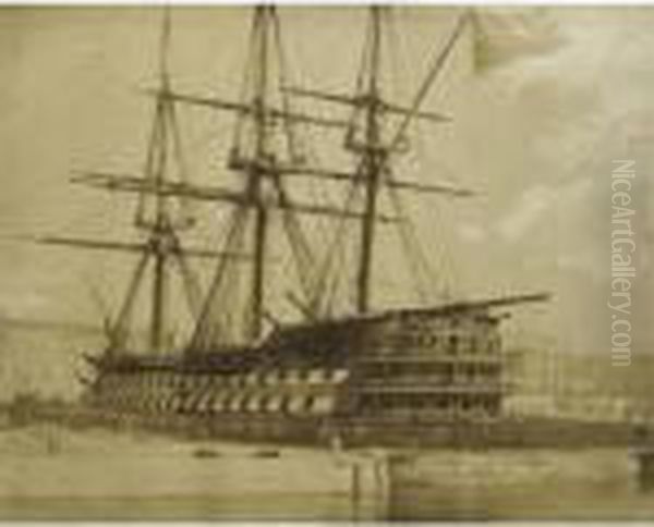 H.m.s. Duke Of Wellington In Keyham Docks 4th March /54 Oil Painting by Linneaus Tripe