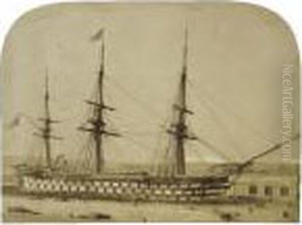 H.m.s. Duke Of Wellington Keyham
 Dock, 4th March 1854, And H.m.s. Queen In Keyham Dock, October 1853. 
Two Studies, 1853-4 Oil Painting by Linneaus Tripe