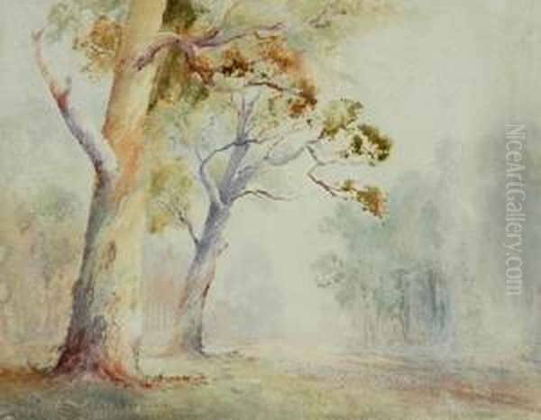 Misty Morning Landscape Oil Painting by John William Tristram