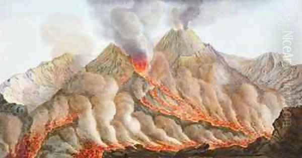 Crater of Mount Vesuvius from an original drawing executed at the scene in 1756 Oil Painting by Pietro Fabris