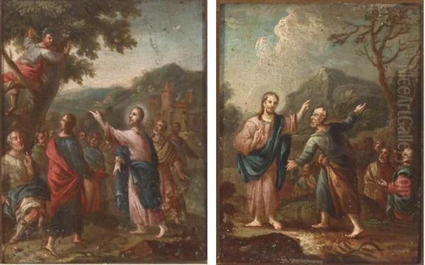 Christ And The Fig Tree; And Christ And Zaccaeus Oil Painting by Paul Troger