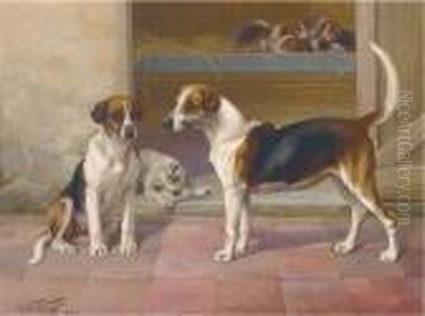 Bashful And Freedom, Two Hounds Before A Kennel Oil Painting by William Henry Hamilton Trood