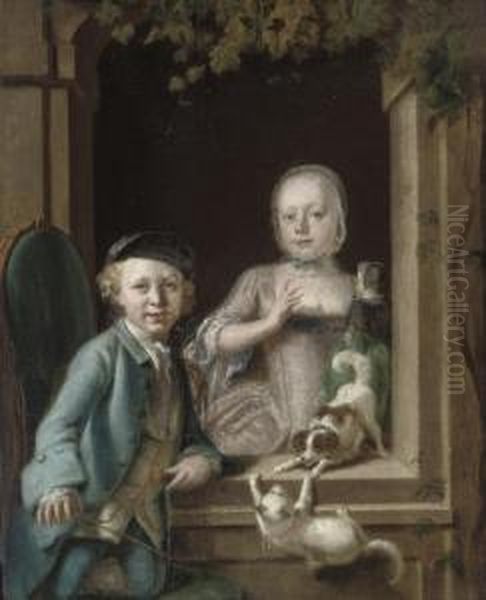 A Boy And A Girl At A Window, With A Cat And A Dog Oil Painting by Cornelis Troost