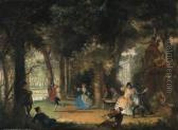 The Garden Of A Mansion With Elegant Company Making Music Anddancing Oil Painting by Cornelis Troost