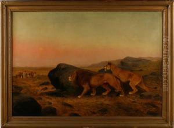 Lions At Dusk Oil Painting by Newbold Hough Trotter