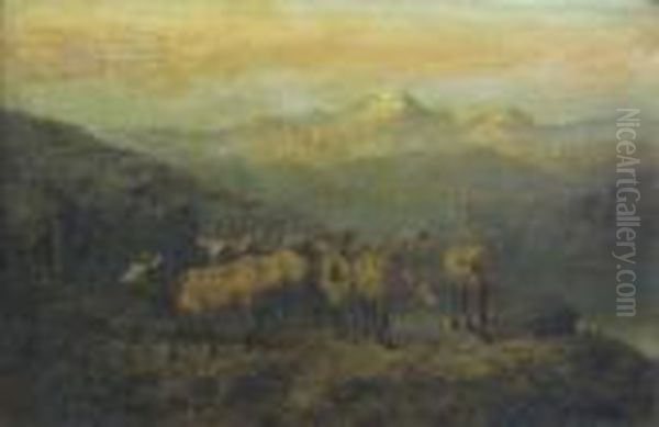 Deer And Stags In A Landscape Oil Painting by Newbold Hough Trotter