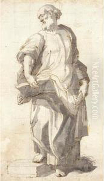 Study Of An Evangelist, Standing With An Open Book Supported On His Right Knee Oil Painting by Giovanni Battista (Il Malosso) Trotti