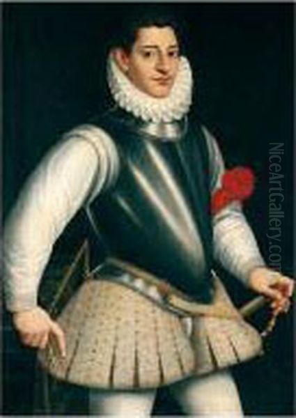 Portrait Of A Gentleman, 
Three-quarter Length Standing, Wearing Armour And A Ruff, A Red Ribbon 
Tied To His Left Arm Oil Painting by Giovanni Battista (Il Malosso) Trotti