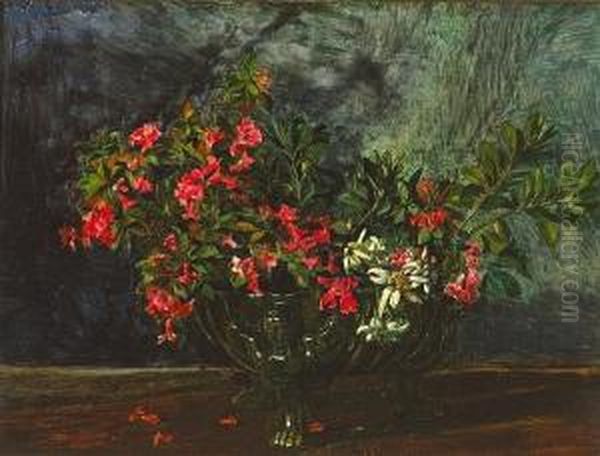 A Still Life With Red And White Flowers In A Ceramic Vase Oil Painting by Wilhelm Trubner