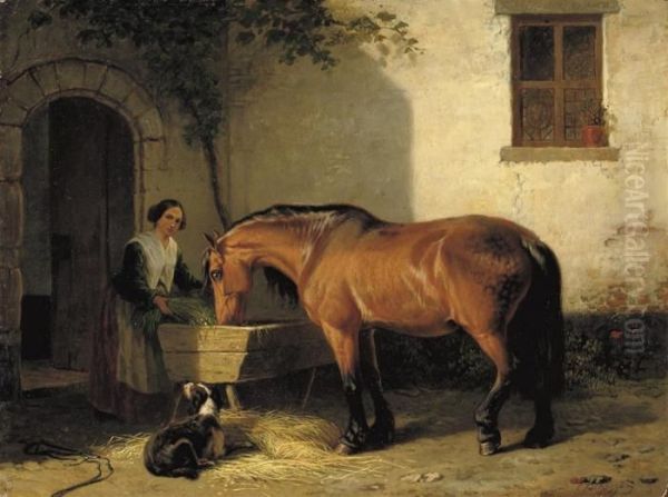 Feeding The Horse Oil Painting by Charles Philogene Tschaggeny