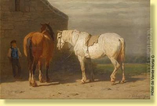 Les Chevaux Attendant Le Marechal Ferrant Oil Painting by Charles Philogene Tschaggeny